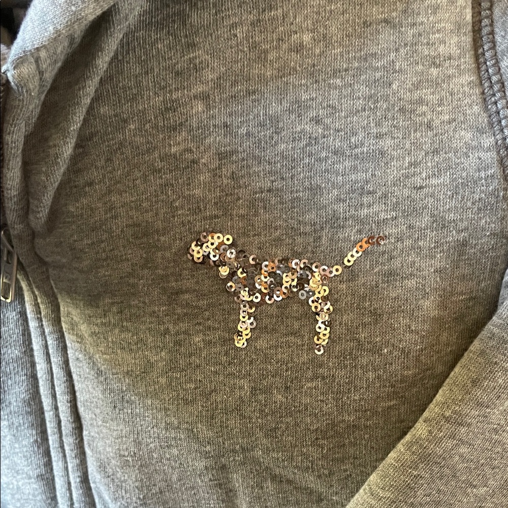 Gray Victoria Secret PINK bling sequin Zip Up Jacket w/ Leopard Print Fur Lining - Picture 2 of 7